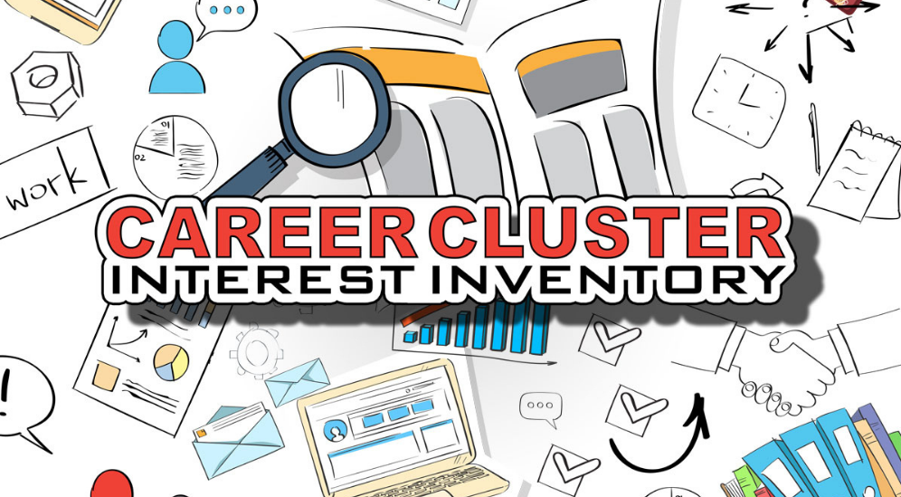 Career Cluster Interest Inventory, red and black lettering on a collage of career and work icons
